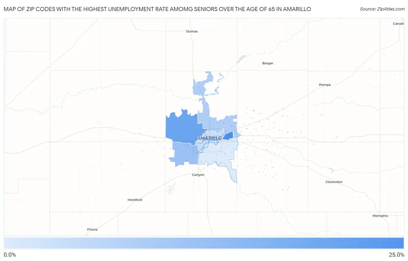 Zip Codes with the Highest Unemployment Rate Amomg Seniors Over the Age of 65 in Amarillo Map