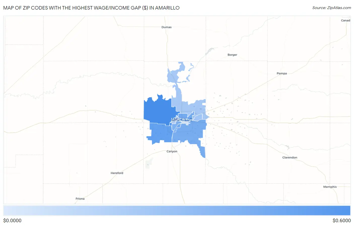 Zip Codes with the Highest Wage/Income Gap ($) in Amarillo Map