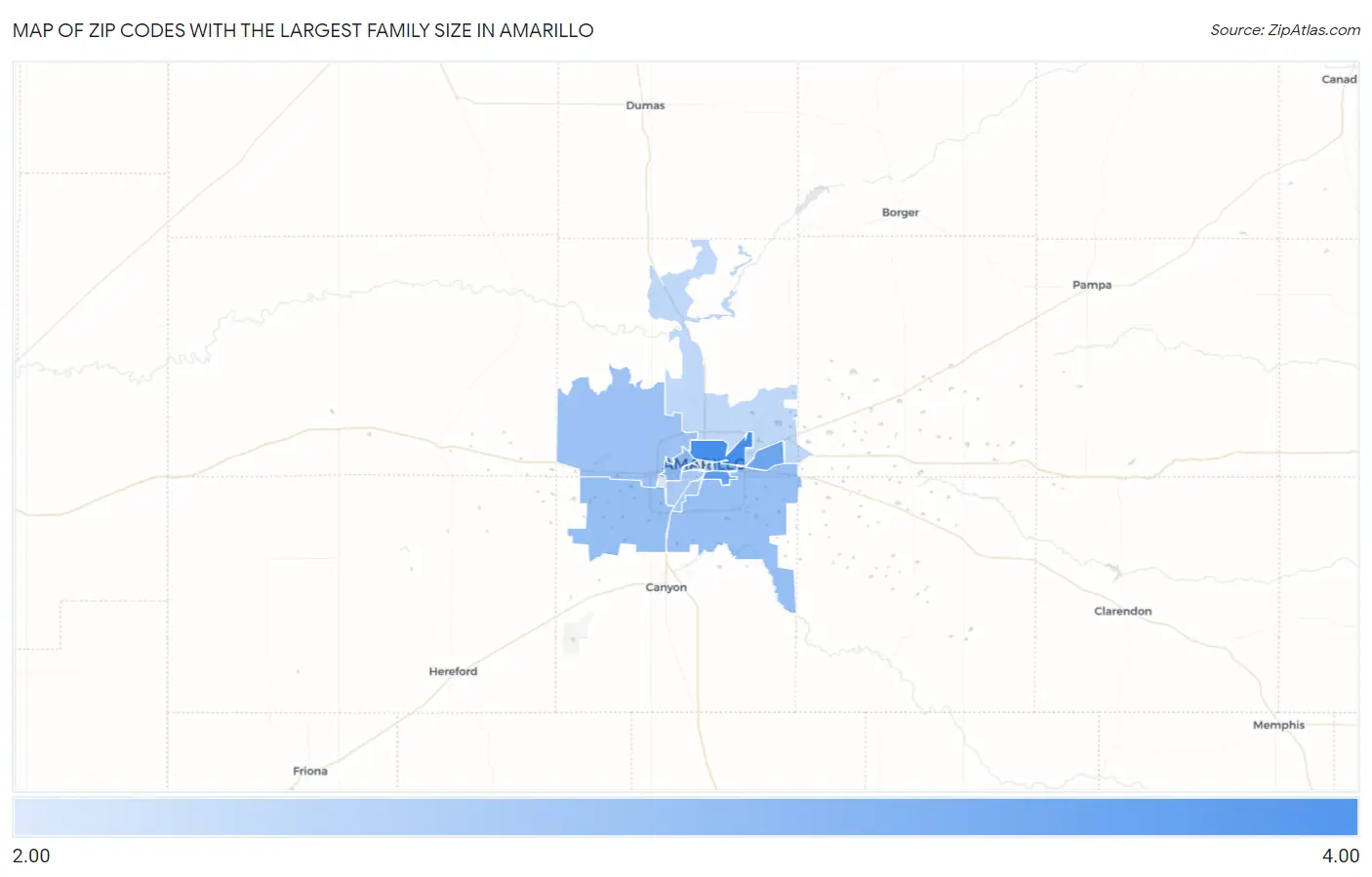 Zip Codes with the Largest Family Size in Amarillo Map