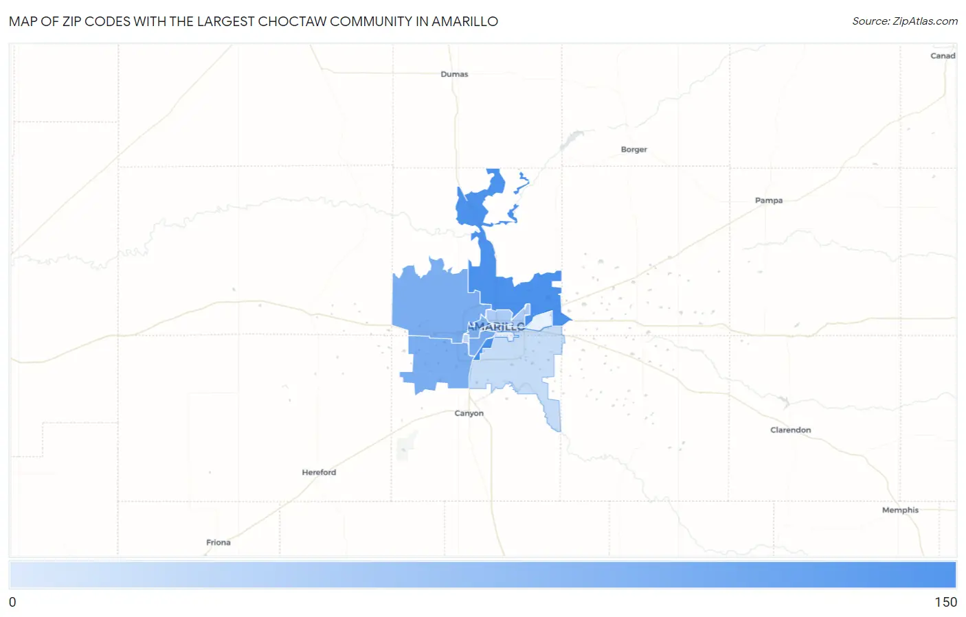 Zip Codes with the Largest Choctaw Community in Amarillo Map