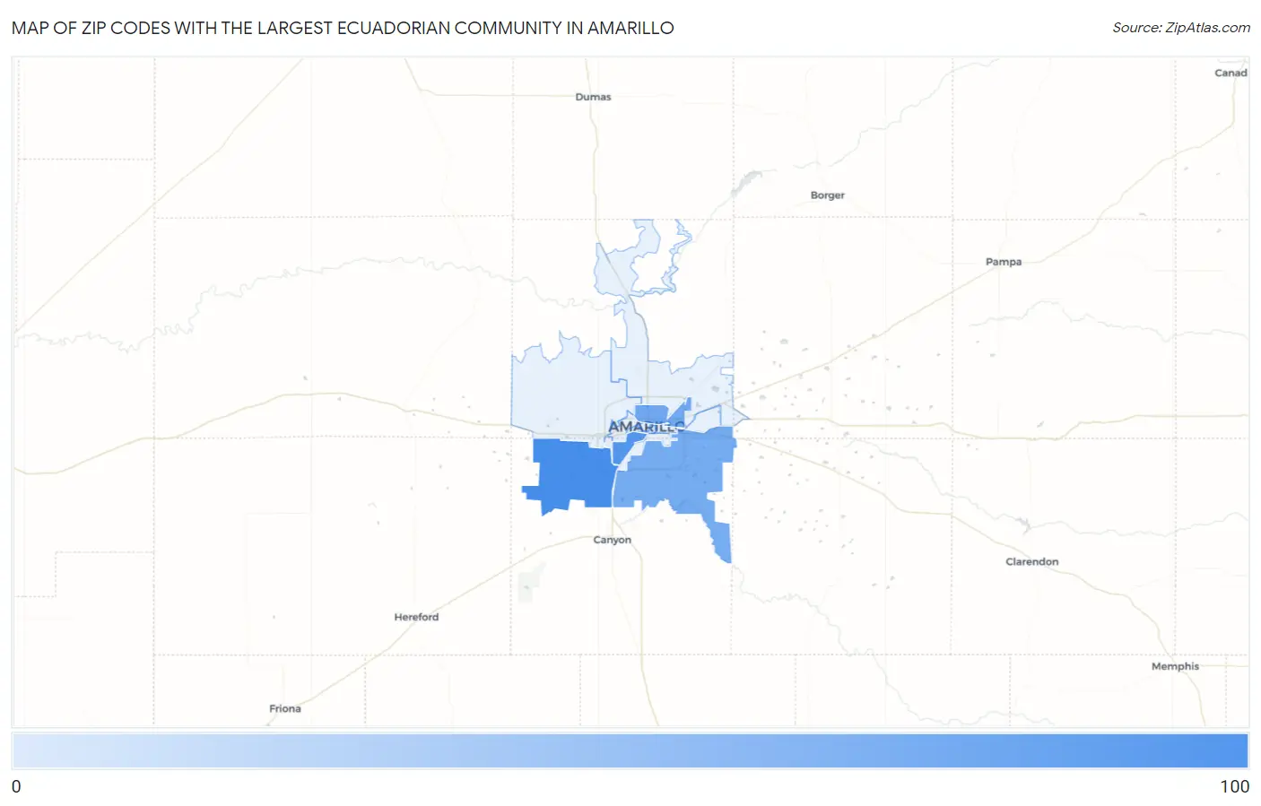 Zip Codes with the Largest Ecuadorian Community in Amarillo Map