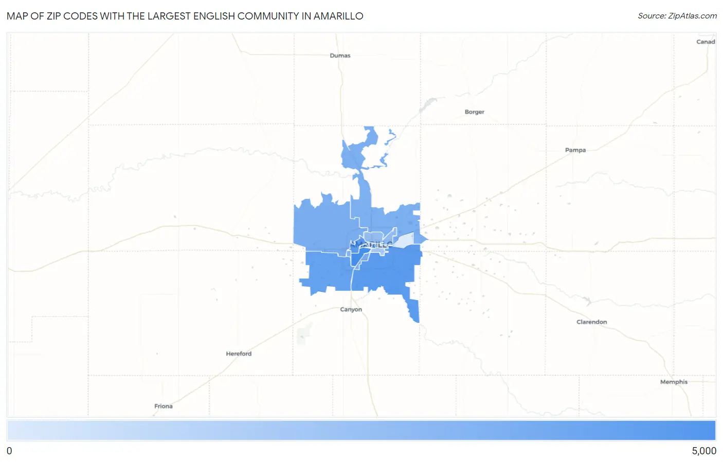 Zip Codes with the Largest English Community in Amarillo Map