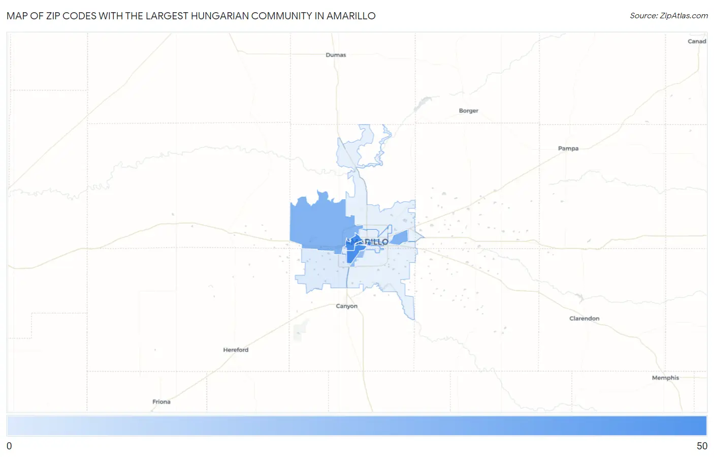 Zip Codes with the Largest Hungarian Community in Amarillo Map