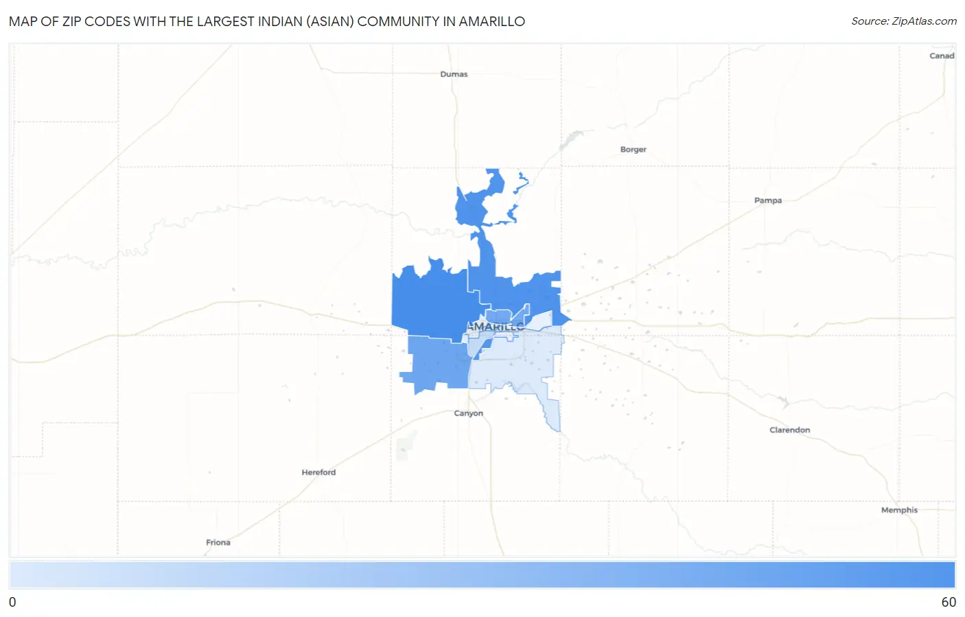 Zip Codes with the Largest Indian (Asian) Community in Amarillo Map