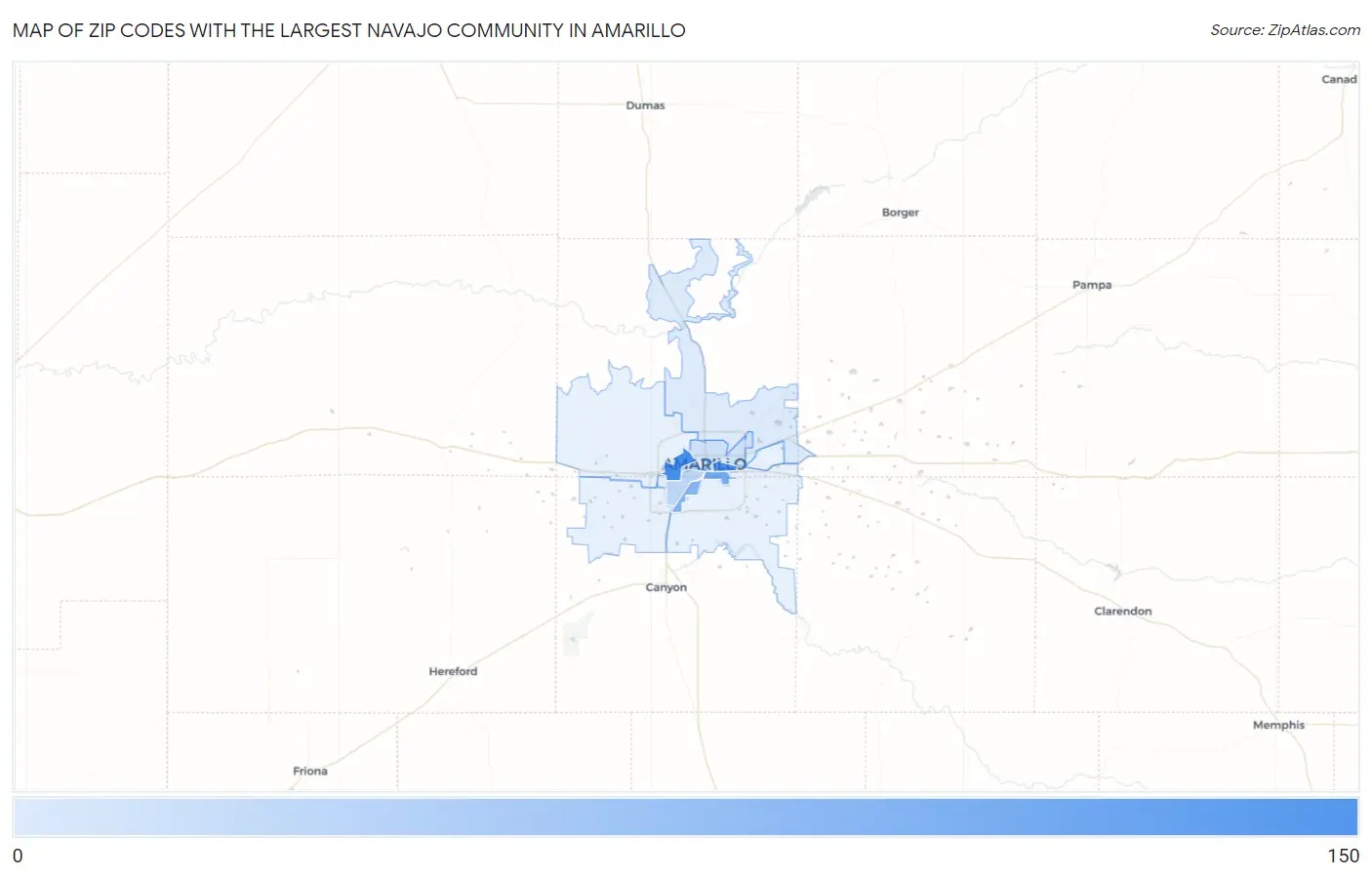 Zip Codes with the Largest Navajo Community in Amarillo Map