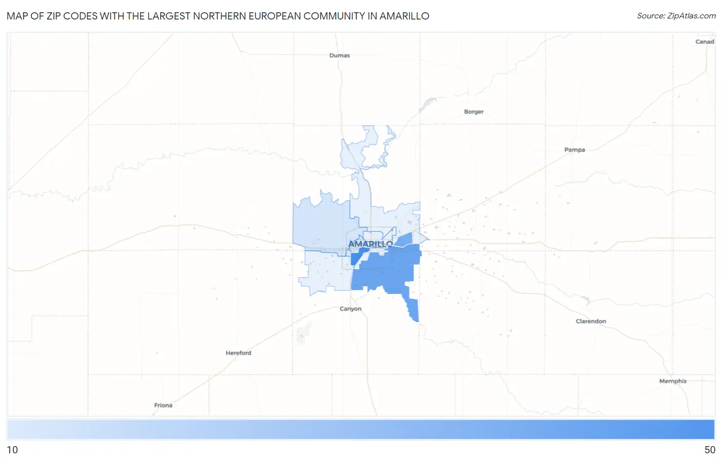 Zip Codes with the Largest Northern European Community in Amarillo Map