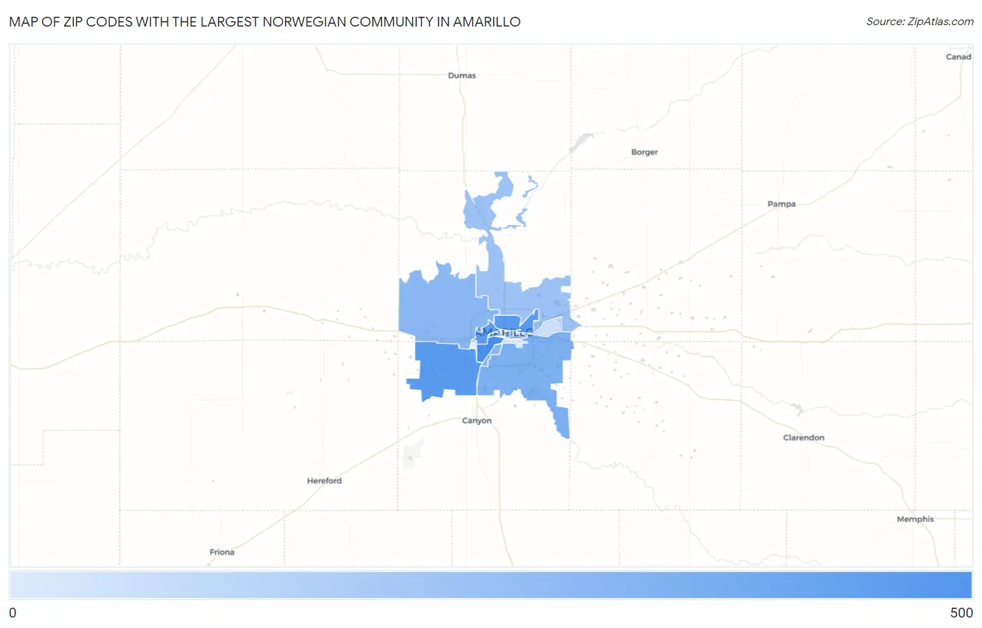 Zip Codes with the Largest Norwegian Community in Amarillo Map