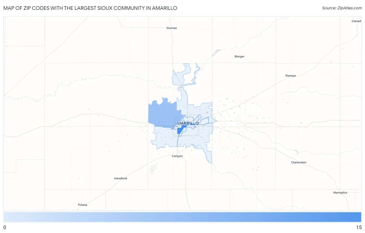 Zip Codes with the Largest Sioux Community in Amarillo Map