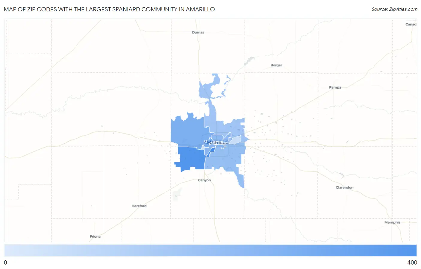 Zip Codes with the Largest Spaniard Community in Amarillo Map