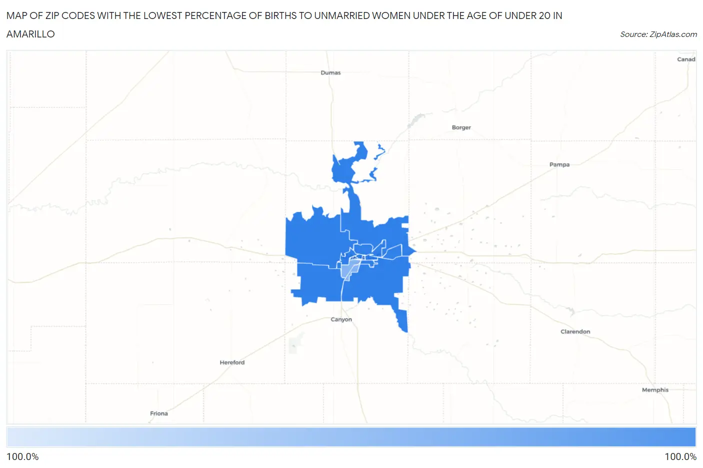 Zip Codes with the Lowest Percentage of Births to Unmarried Women under the Age of under 20 in Amarillo Map