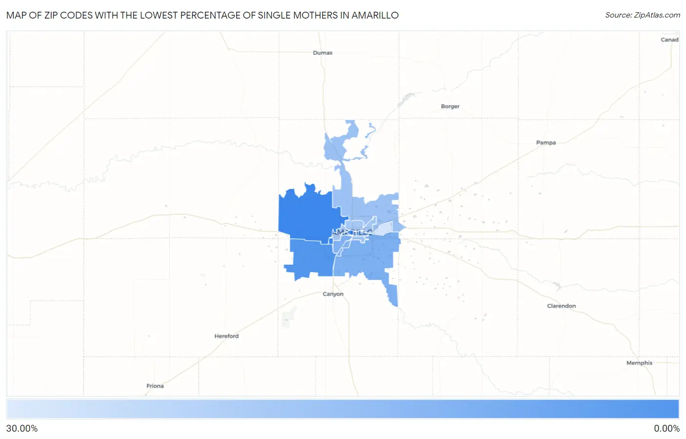 Zip Codes with the Lowest Percentage of Single Mothers in Amarillo Map
