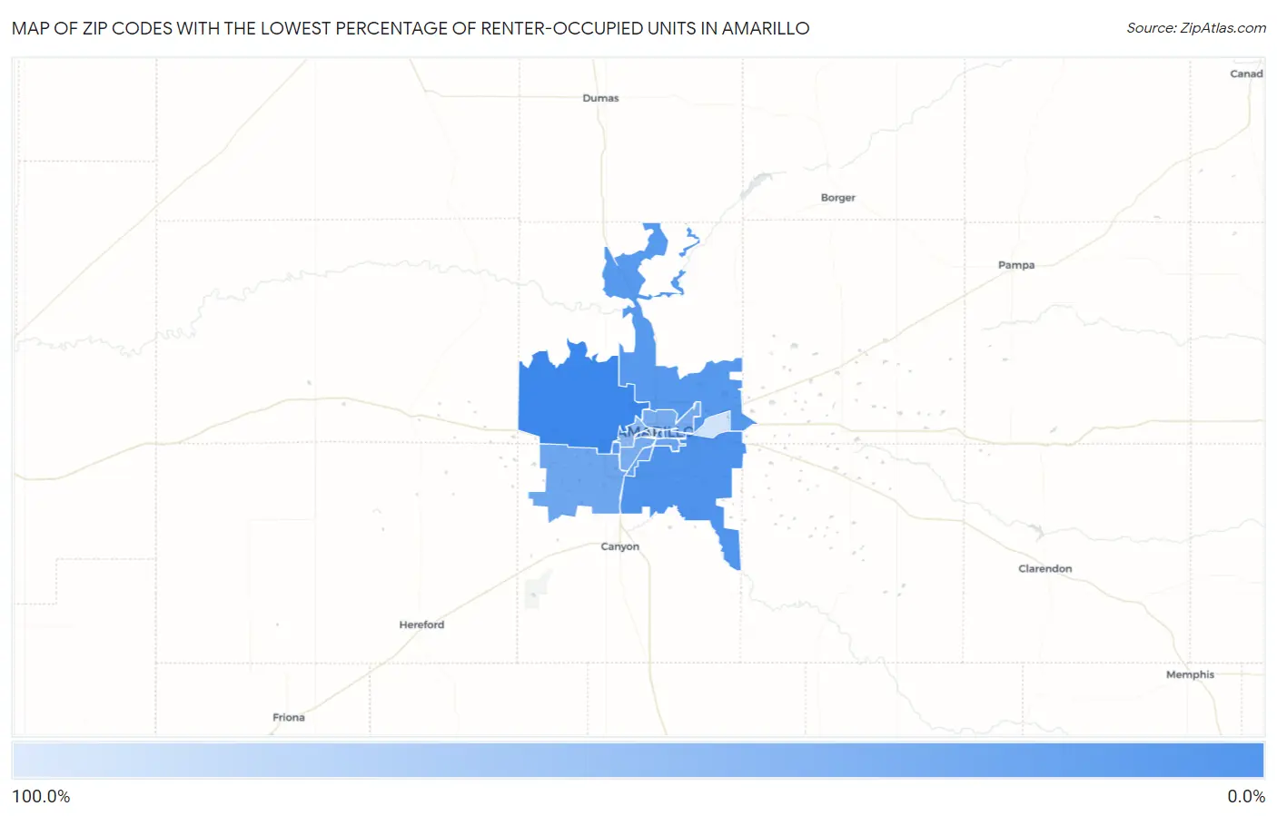 Zip Codes with the Lowest Percentage of Renter-Occupied Units in Amarillo Map