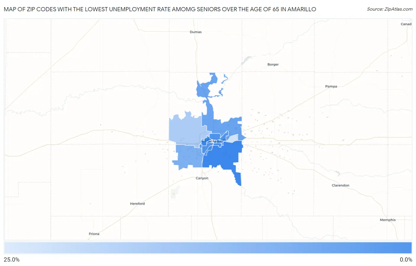 Zip Codes with the Lowest Unemployment Rate Amomg Seniors Over the Age of 65 in Amarillo Map