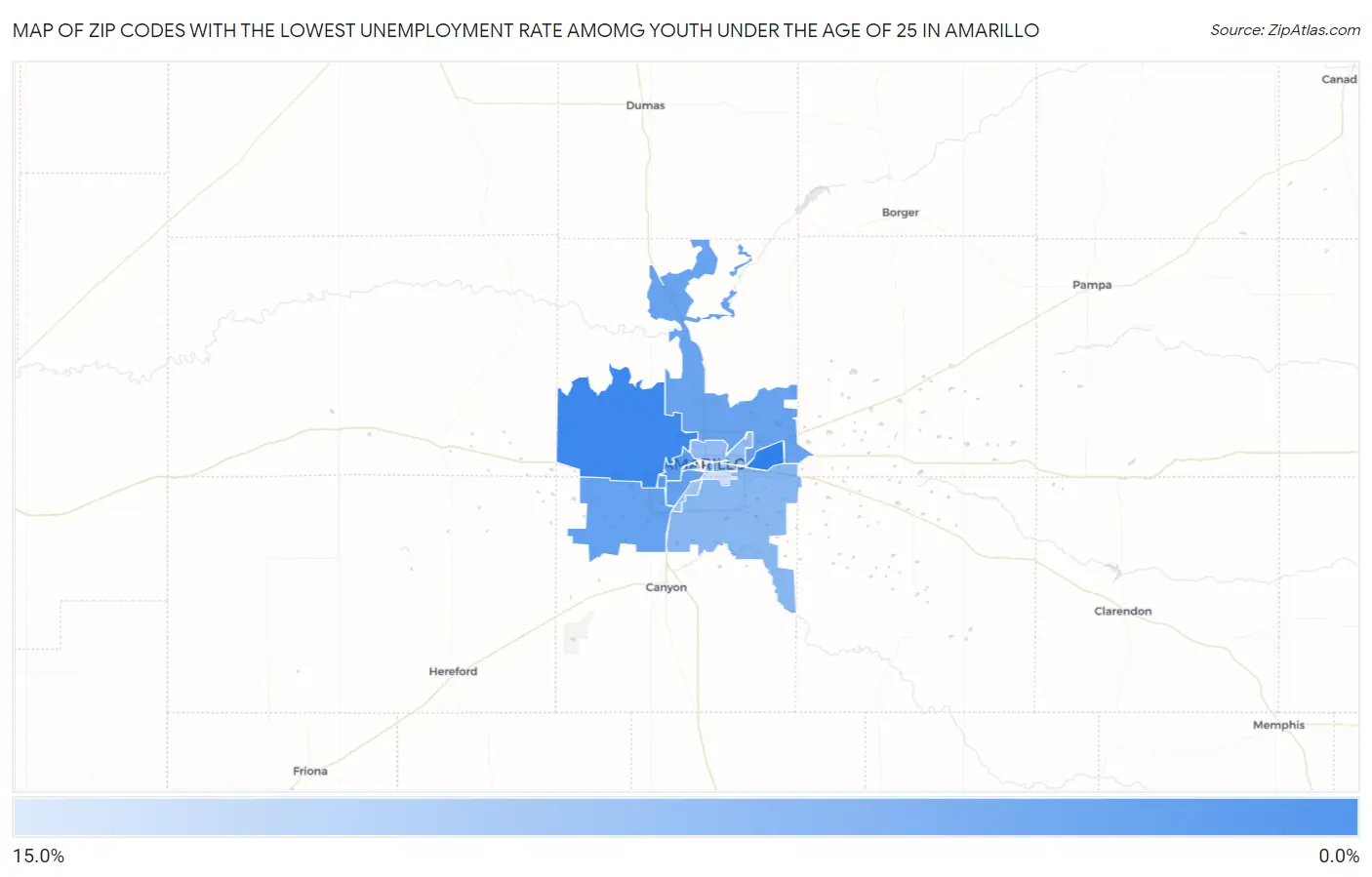 Zip Codes with the Lowest Unemployment Rate Amomg Youth Under the Age of 25 in Amarillo Map