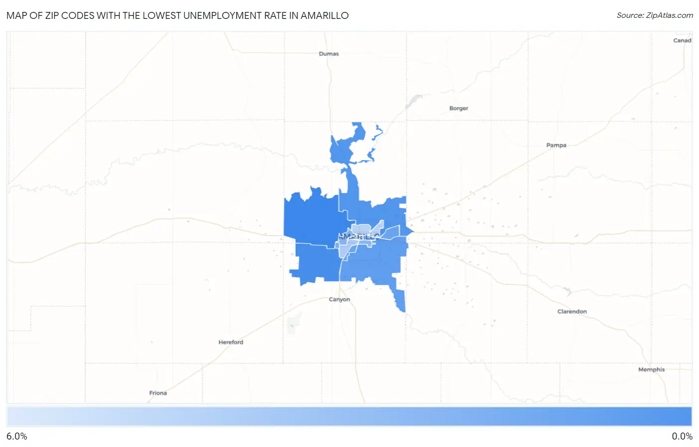 Zip Codes with the Lowest Unemployment Rate in Amarillo Map