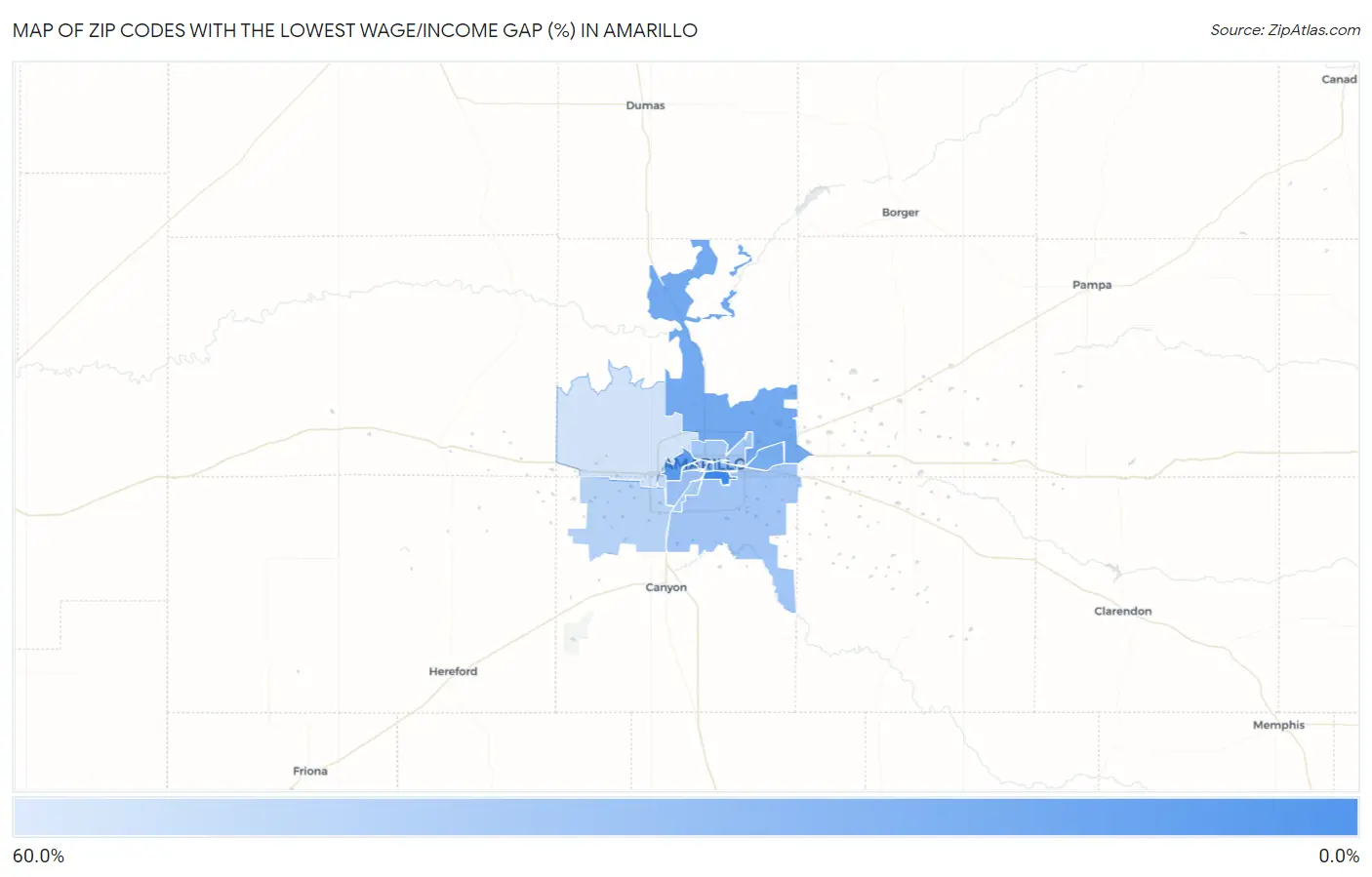 Zip Codes with the Lowest Wage/Income Gap (%) in Amarillo Map