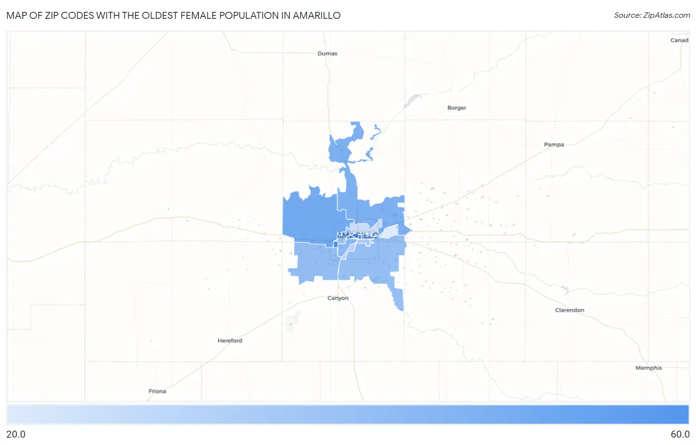 Zip Codes with the Oldest Female Population in Amarillo Map