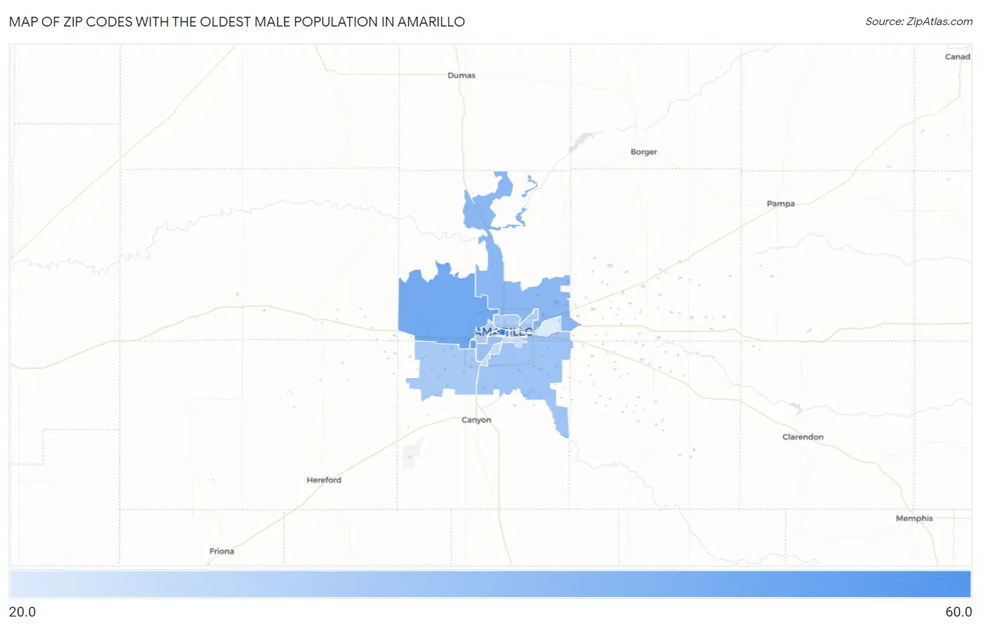 Zip Codes with the Oldest Male Population in Amarillo Map