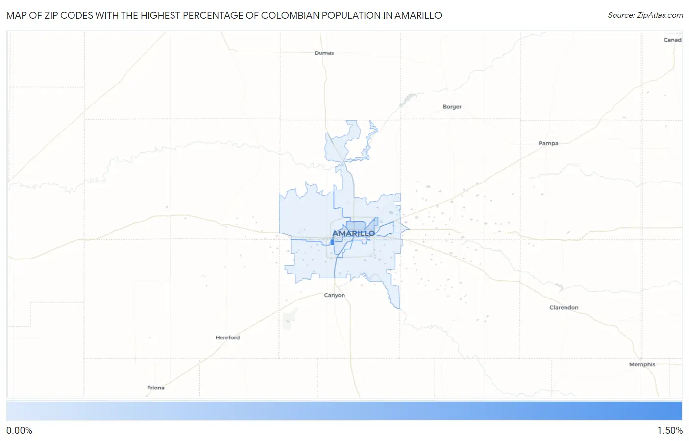 Zip Codes with the Highest Percentage of Colombian Population in Amarillo Map
