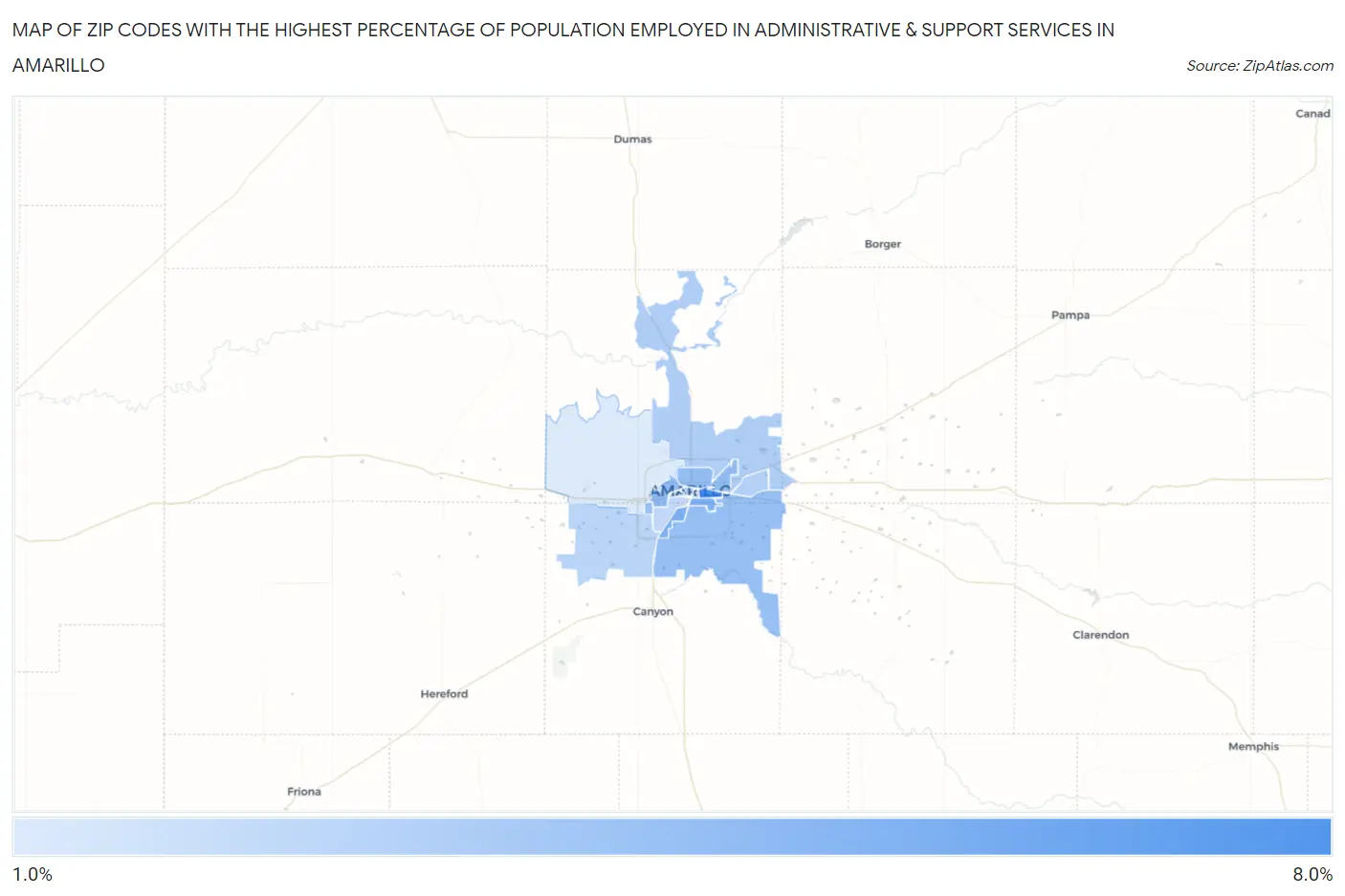 Zip Codes with the Highest Percentage of Population Employed in Administrative & Support Services in Amarillo Map