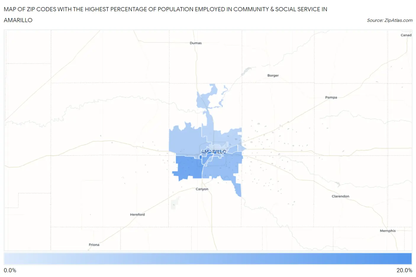 Zip Codes with the Highest Percentage of Population Employed in Community & Social Service  in Amarillo Map