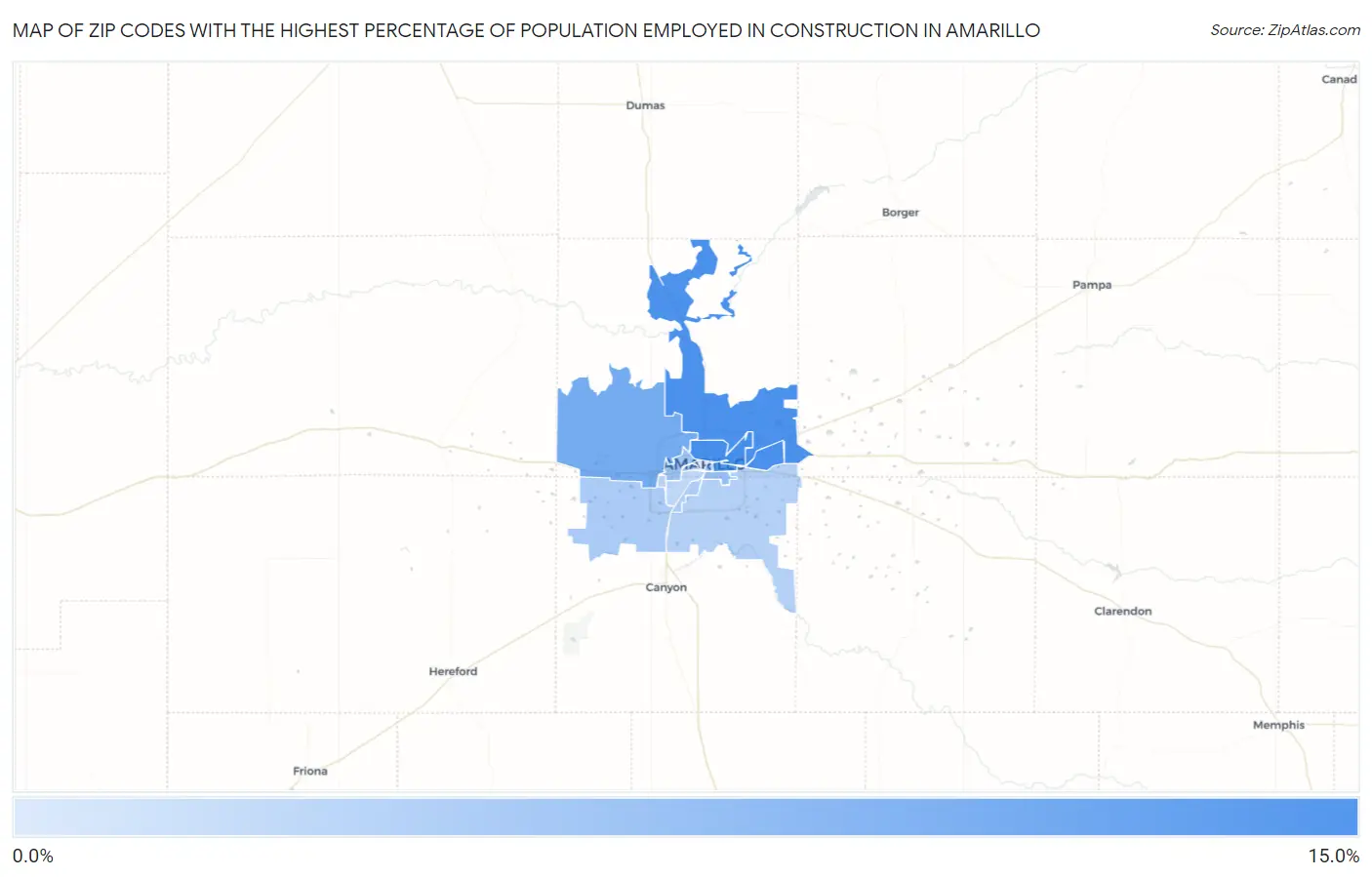 Zip Codes with the Highest Percentage of Population Employed in Construction in Amarillo Map