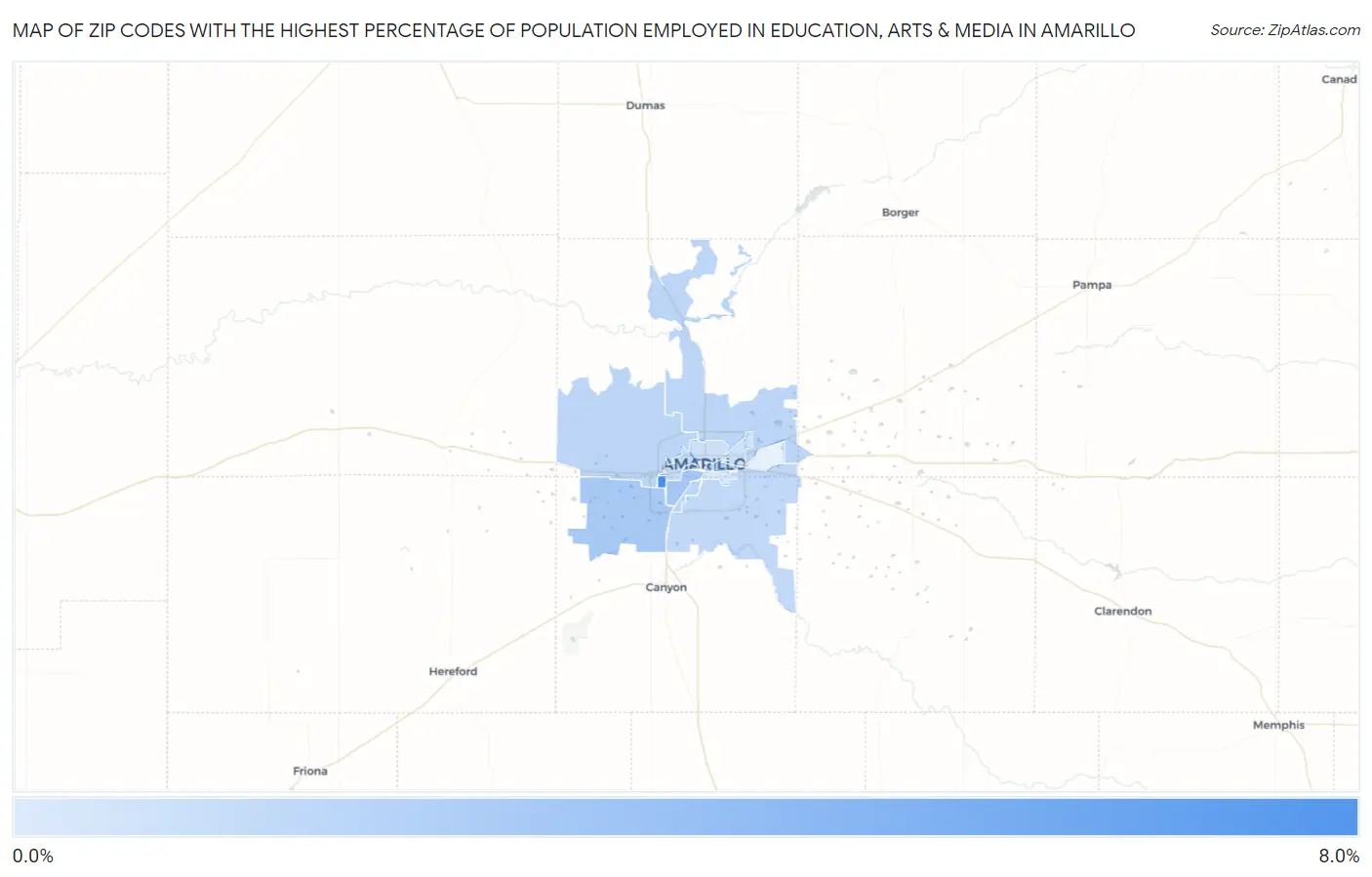 Zip Codes with the Highest Percentage of Population Employed in Education, Arts & Media in Amarillo Map