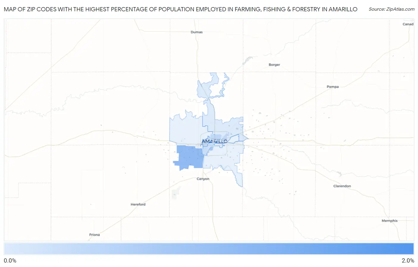 Zip Codes with the Highest Percentage of Population Employed in Farming, Fishing & Forestry in Amarillo Map
