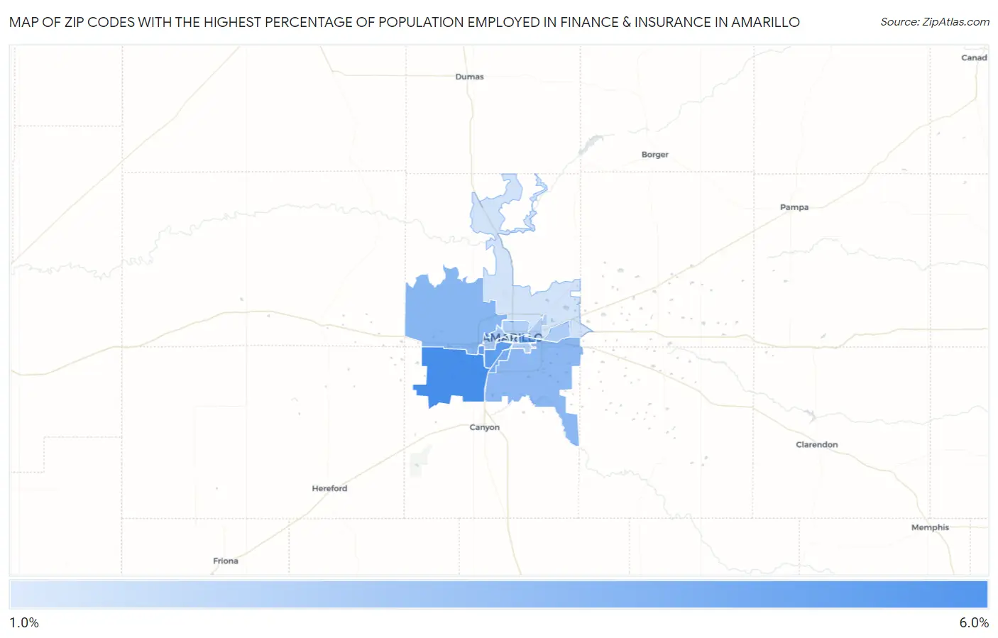 Zip Codes with the Highest Percentage of Population Employed in Finance & Insurance in Amarillo Map
