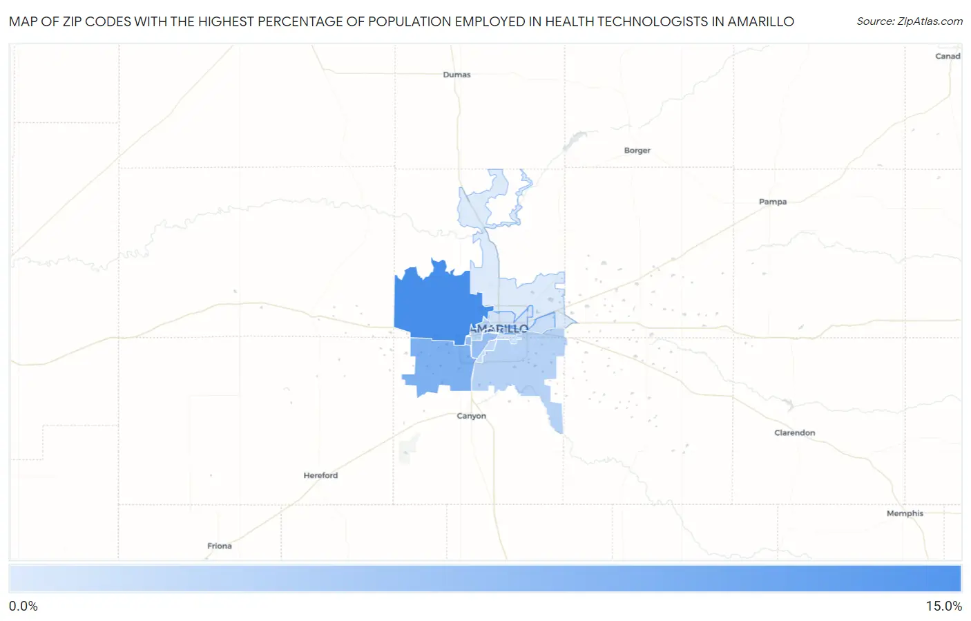 Zip Codes with the Highest Percentage of Population Employed in Health Technologists in Amarillo Map