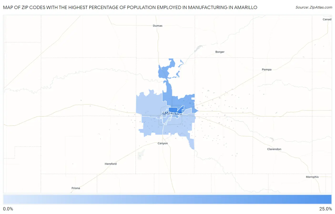 Zip Codes with the Highest Percentage of Population Employed in Manufacturing in Amarillo Map