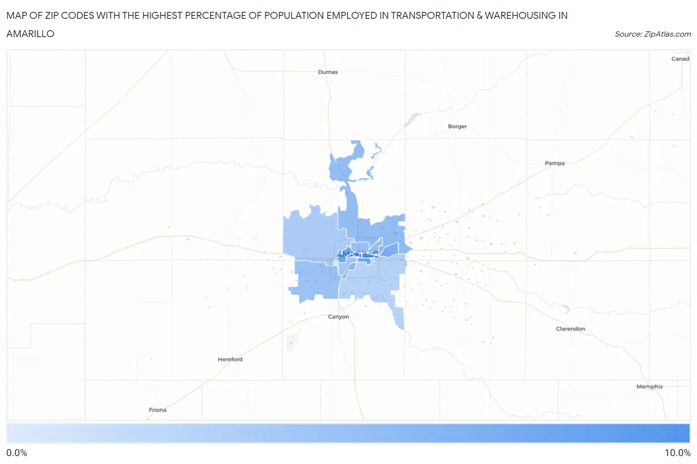 Zip Codes with the Highest Percentage of Population Employed in Transportation & Warehousing in Amarillo Map