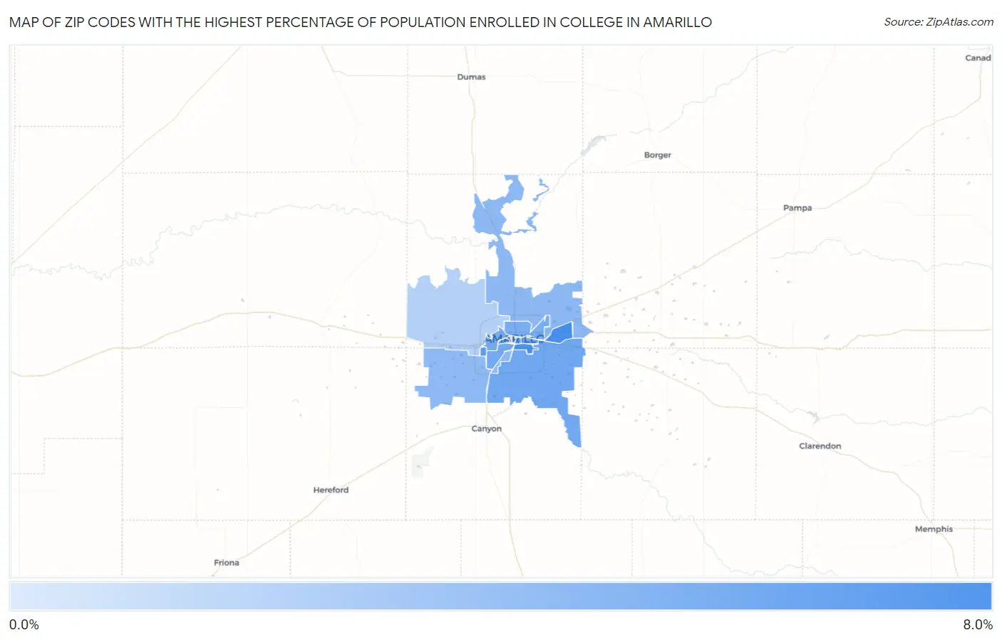 Zip Codes with the Highest Percentage of Population Enrolled in College in Amarillo Map