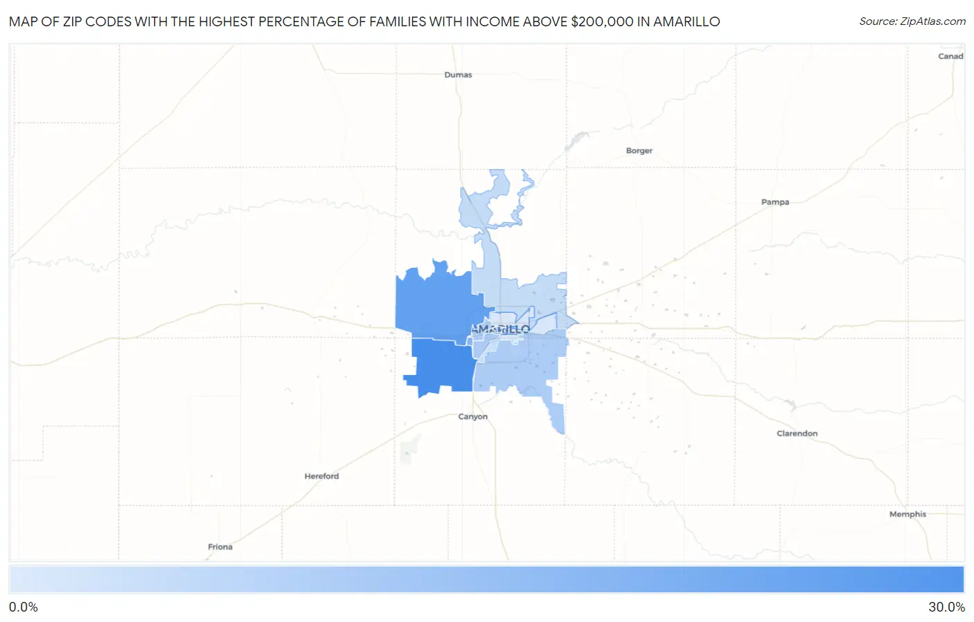Zip Codes with the Highest Percentage of Families with Income Above $200,000 in Amarillo Map