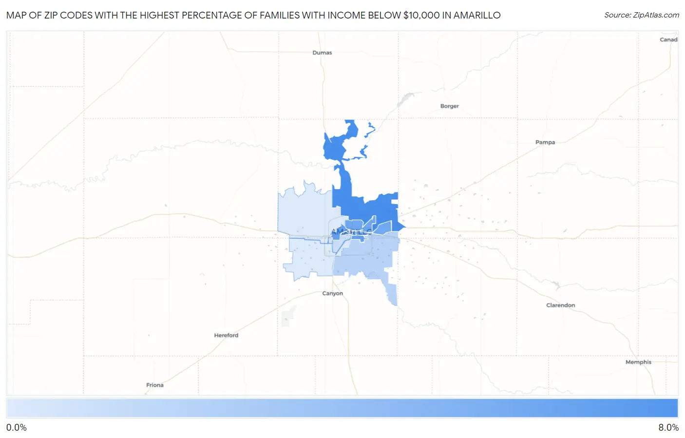 Zip Codes with the Highest Percentage of Families with Income Below $10,000 in Amarillo Map