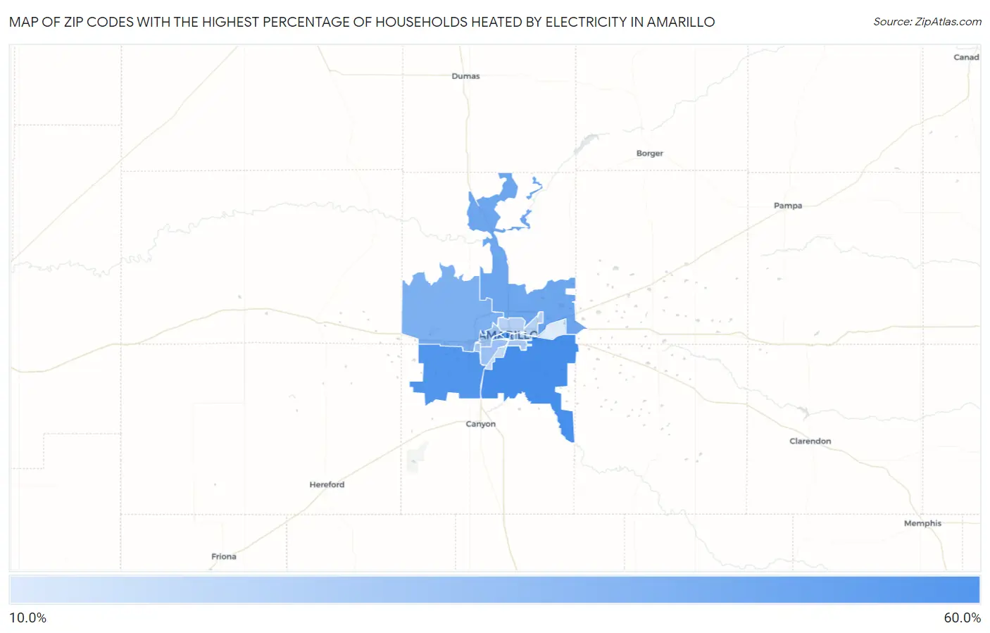 Zip Codes with the Highest Percentage of Households Heated by Electricity in Amarillo Map