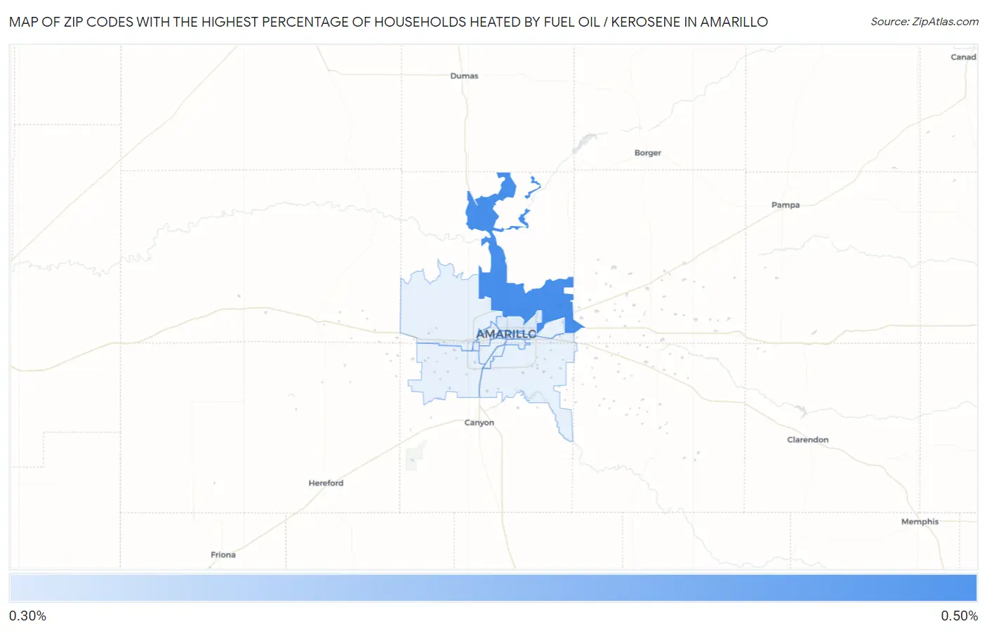 Zip Codes with the Highest Percentage of Households Heated by Fuel Oil / Kerosene in Amarillo Map
