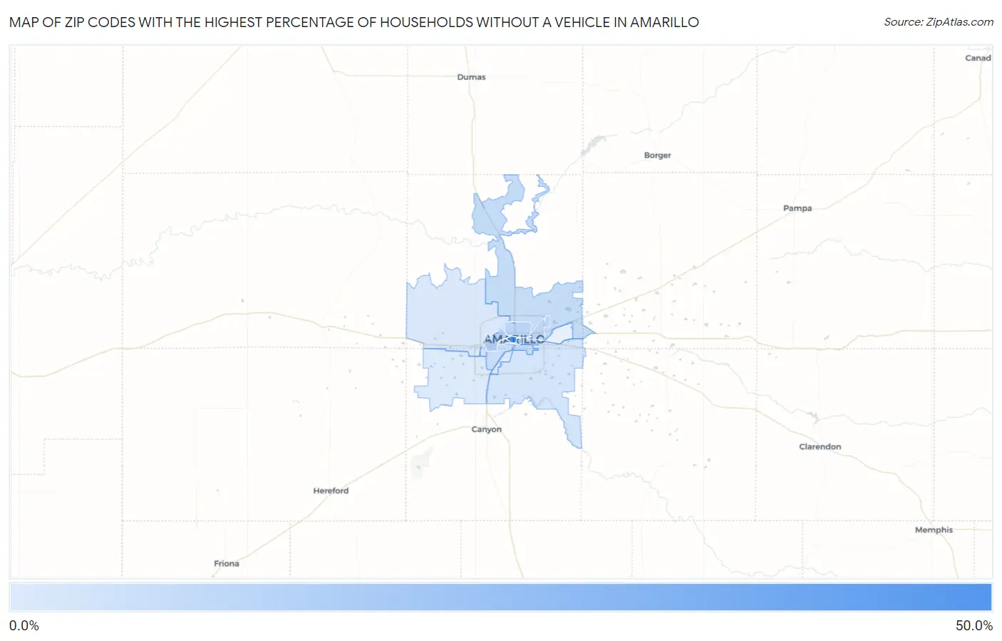 Zip Codes with the Highest Percentage of Households Without a Vehicle in Amarillo Map