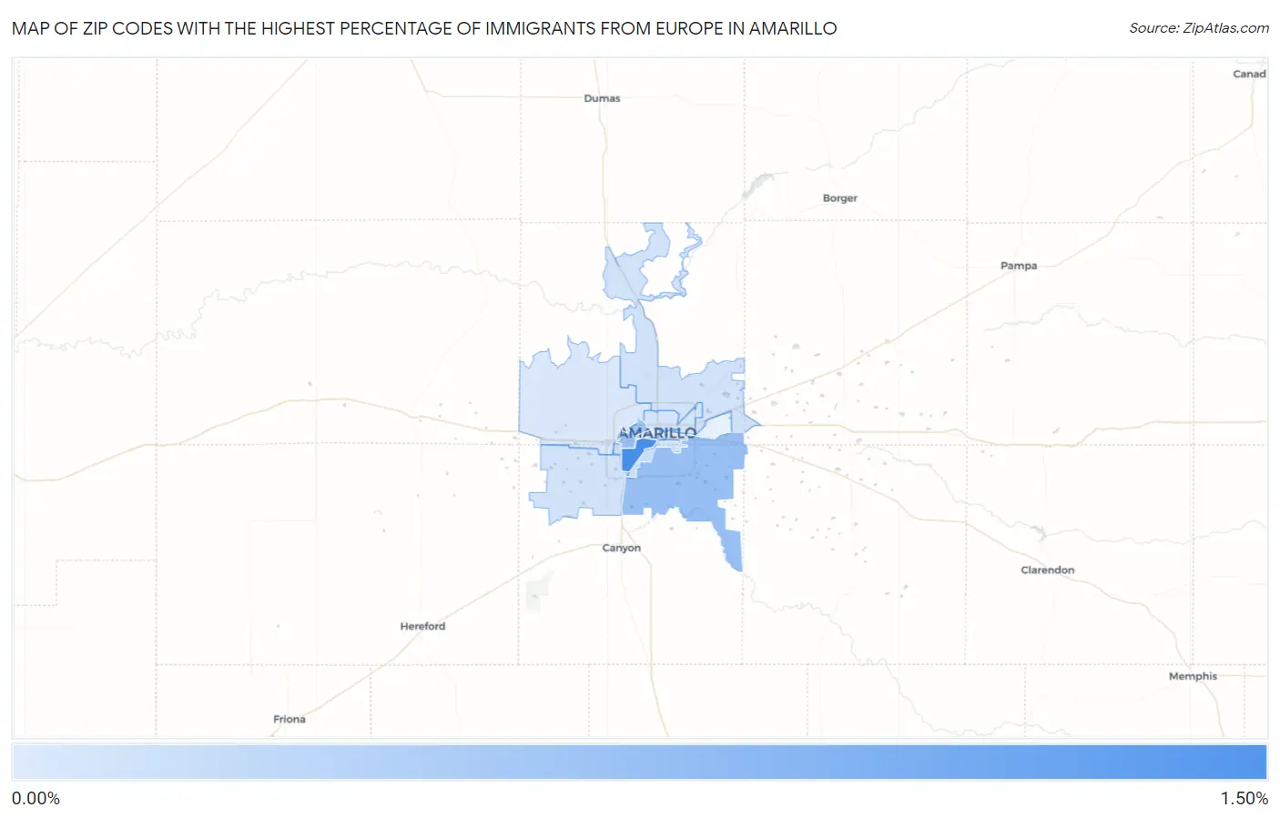 Zip Codes with the Highest Percentage of Immigrants from Europe in Amarillo Map
