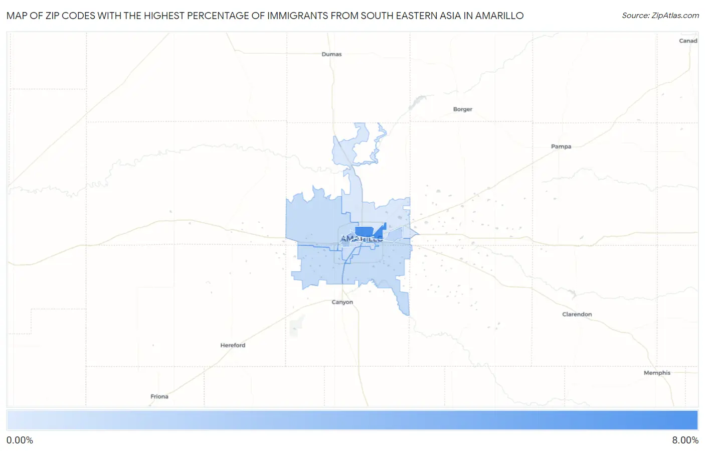 Zip Codes with the Highest Percentage of Immigrants from South Eastern Asia in Amarillo Map
