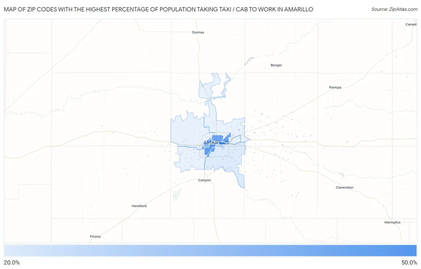 Zip Codes with the Highest Percentage of Population Taking Taxi / Cab to Work in Amarillo Map