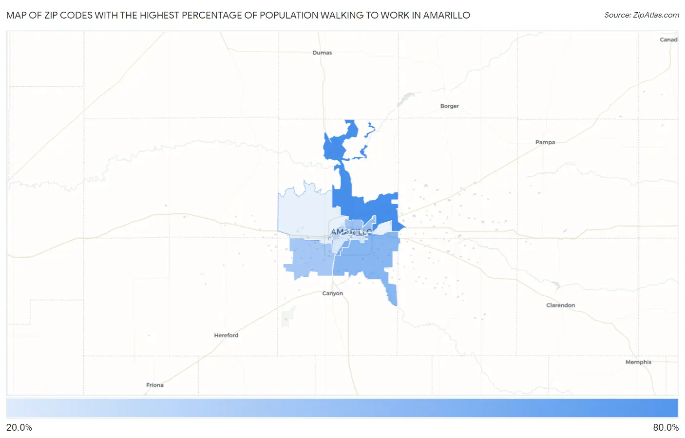 Zip Codes with the Highest Percentage of Population Walking to Work in Amarillo Map