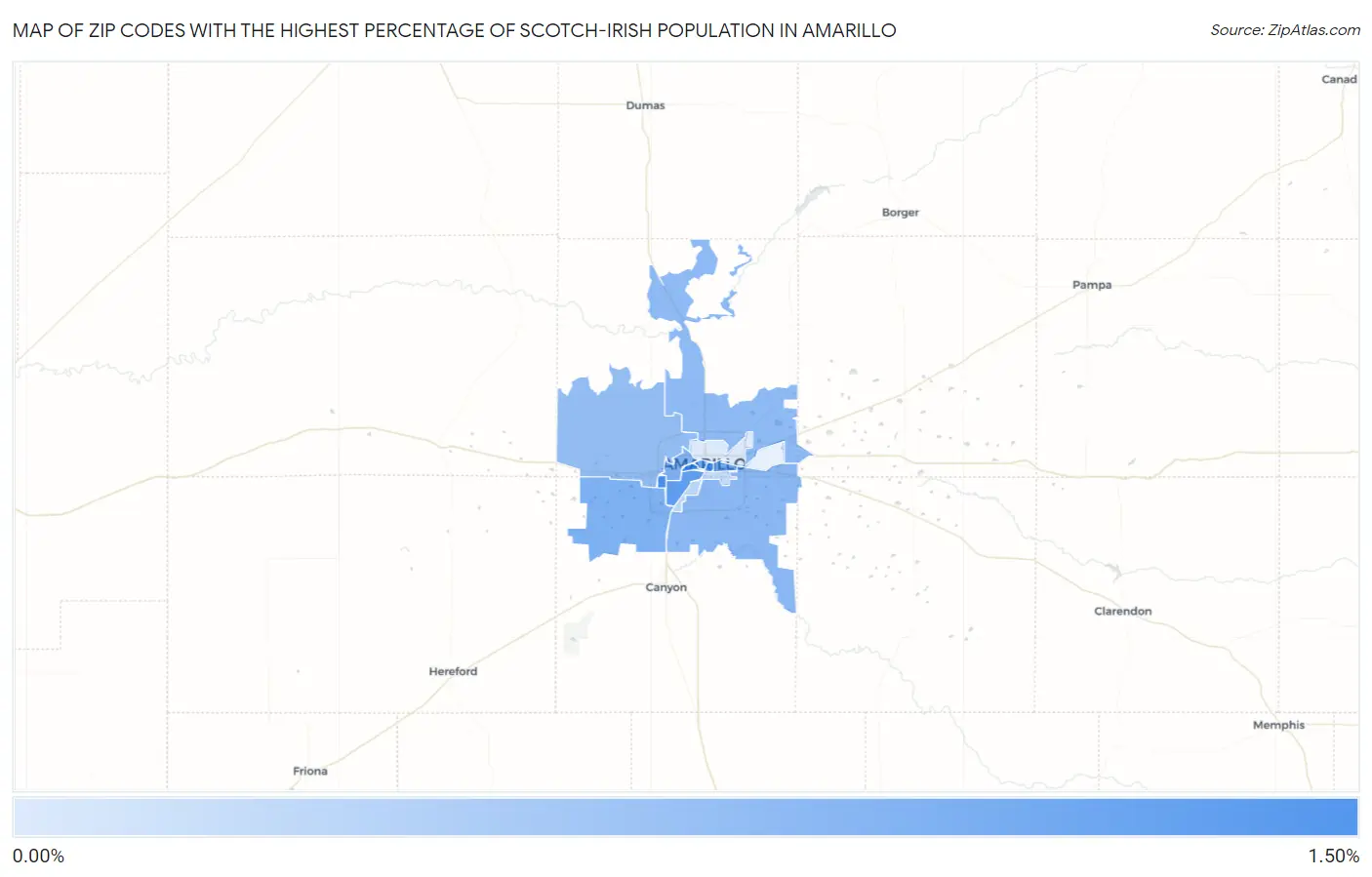 Zip Codes with the Highest Percentage of Scotch-Irish Population in Amarillo Map