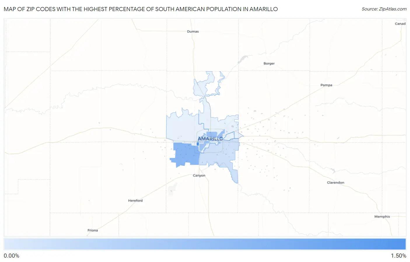 Zip Codes with the Highest Percentage of South American Population in Amarillo Map
