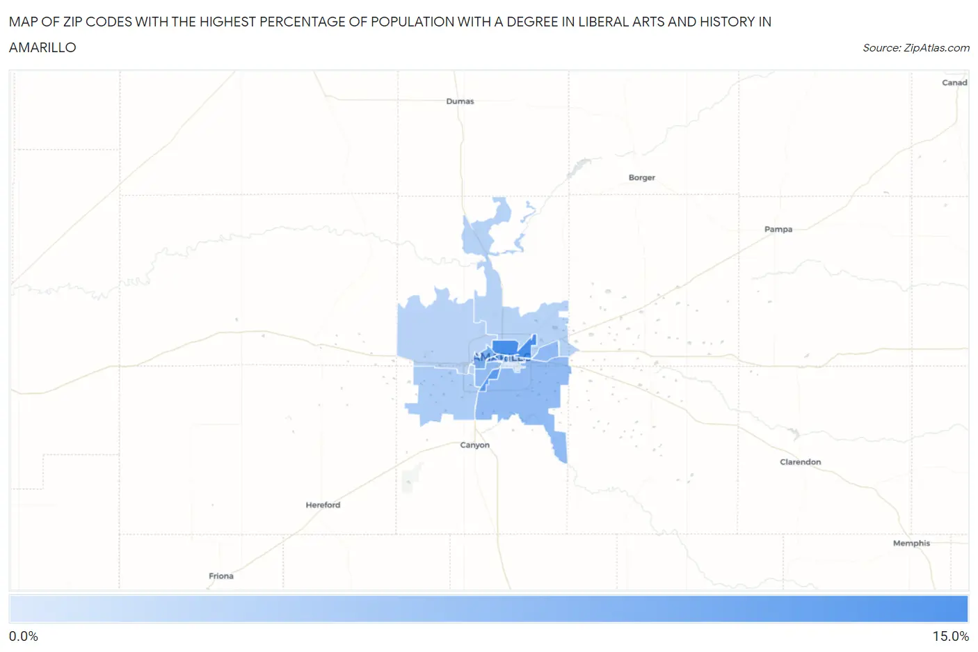 Zip Codes with the Highest Percentage of Population with a Degree in Liberal Arts and History in Amarillo Map