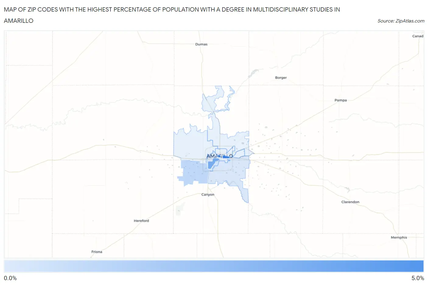 Zip Codes with the Highest Percentage of Population with a Degree in Multidisciplinary Studies in Amarillo Map