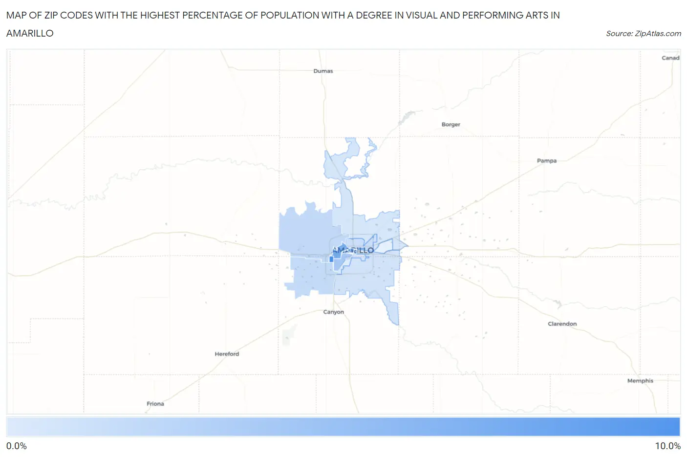 Zip Codes with the Highest Percentage of Population with a Degree in Visual and Performing Arts in Amarillo Map