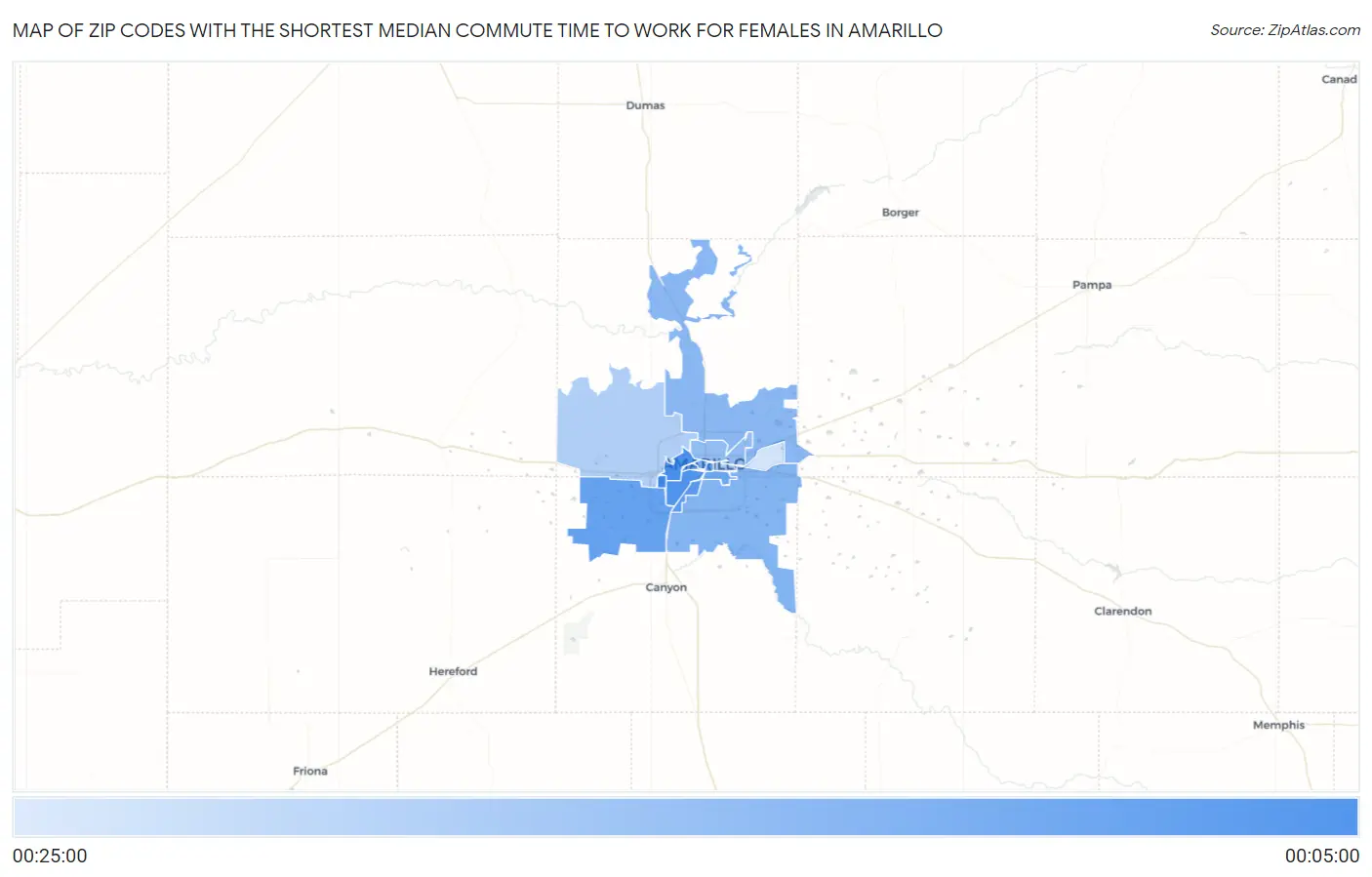 Zip Codes with the Shortest Median Commute Time to Work for Females in Amarillo Map