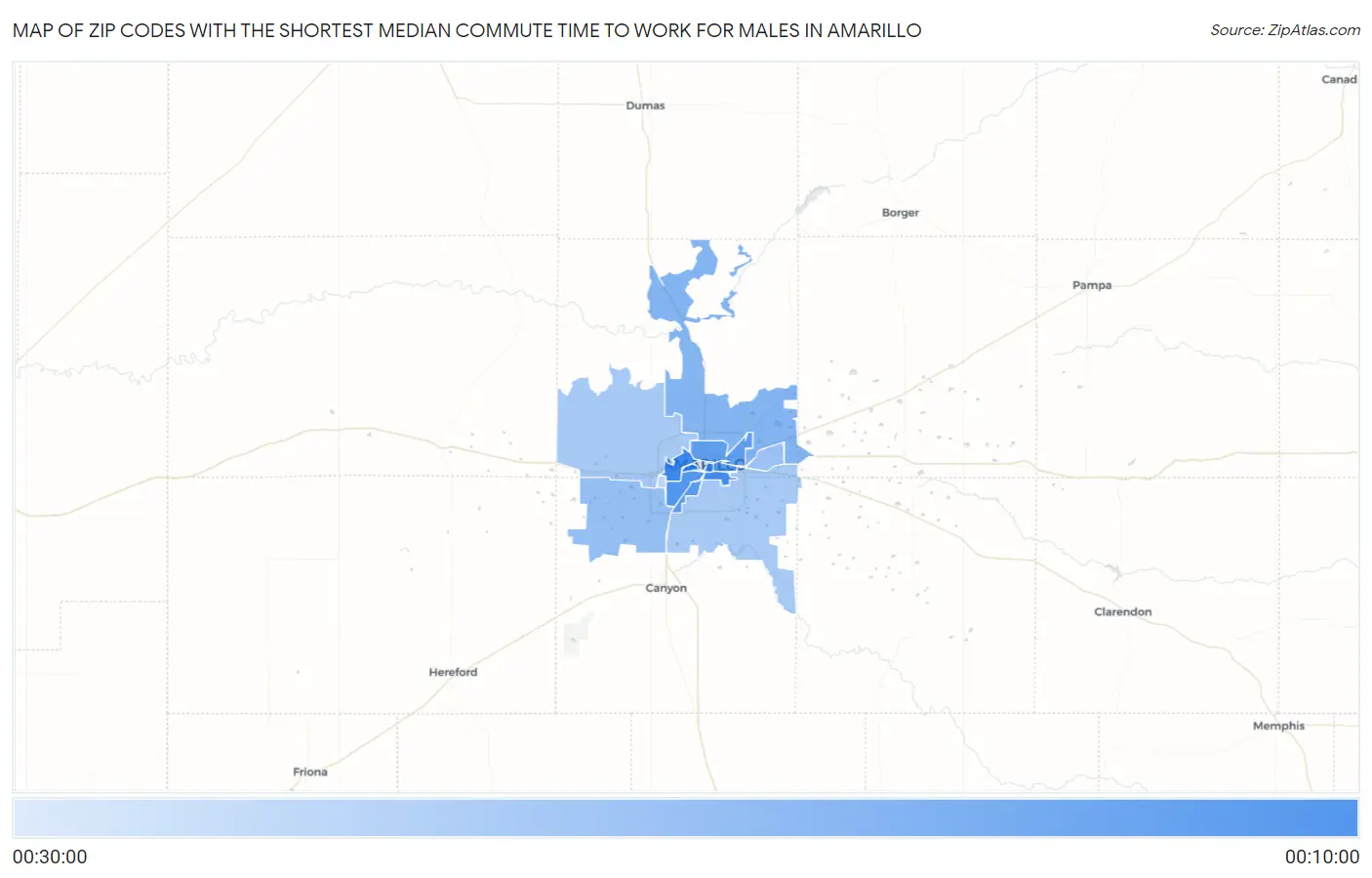 Zip Codes with the Shortest Median Commute Time to Work for Males in Amarillo Map