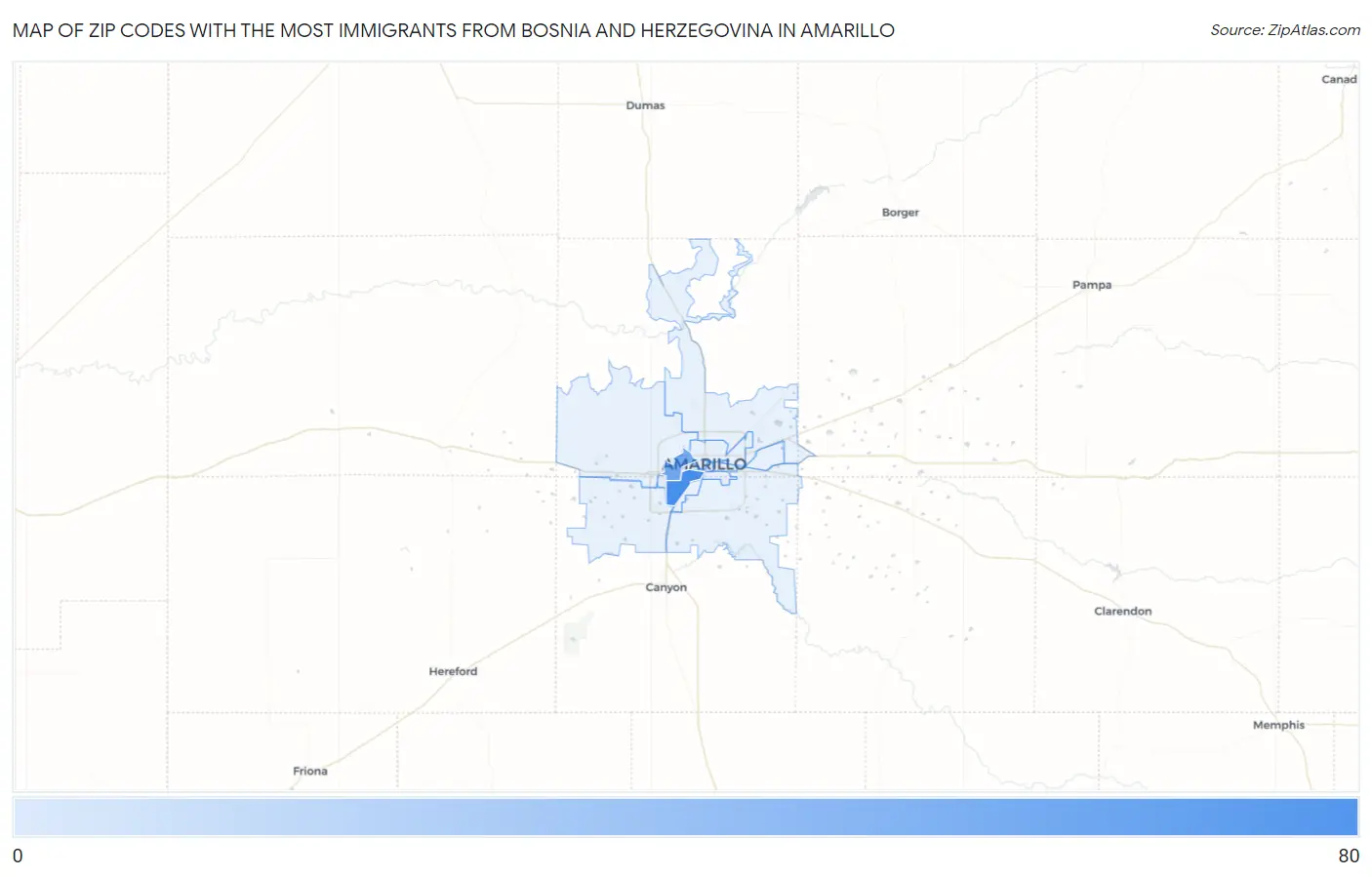 Zip Codes with the Most Immigrants from Bosnia and Herzegovina in Amarillo Map